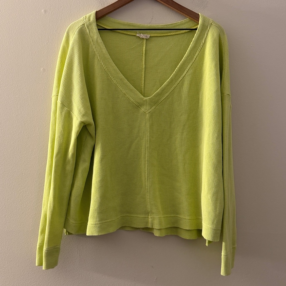 Pilcro Anthropologie neon yellow Thermal waffle knit top long sleeve V neck M